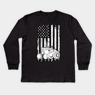 Farm Tractor American Flag Patriotic Farming USA Kids Long Sleeve T-Shirt